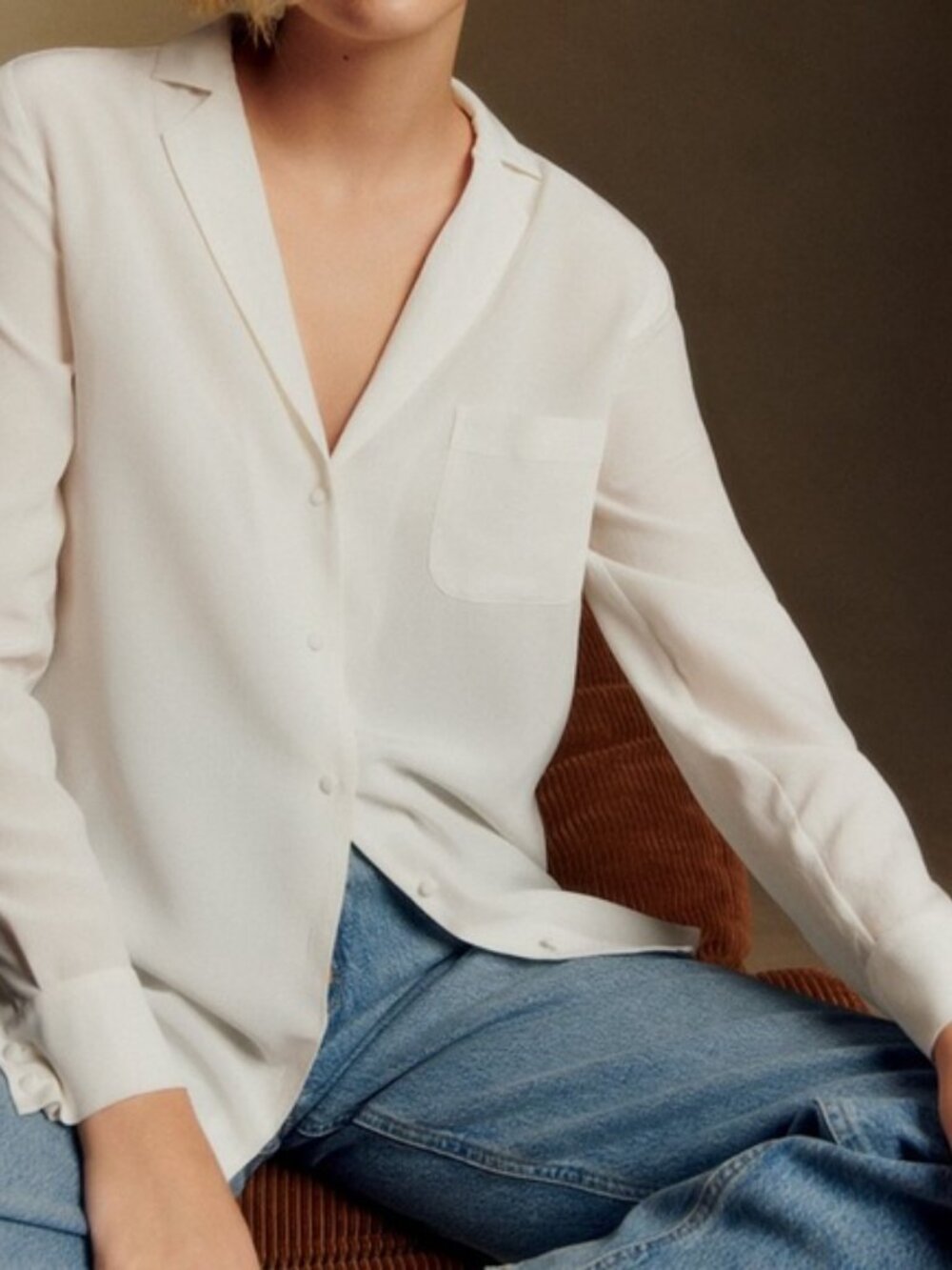 Sezane Ivory Button-Down Silk Shirt